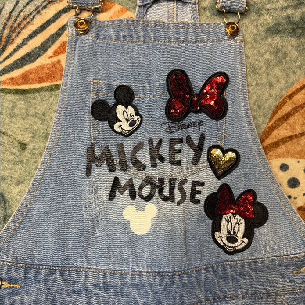Disney Women’s  Blue Overalls with Mickey Mouse Sequin Patches - Picture 8 of 8